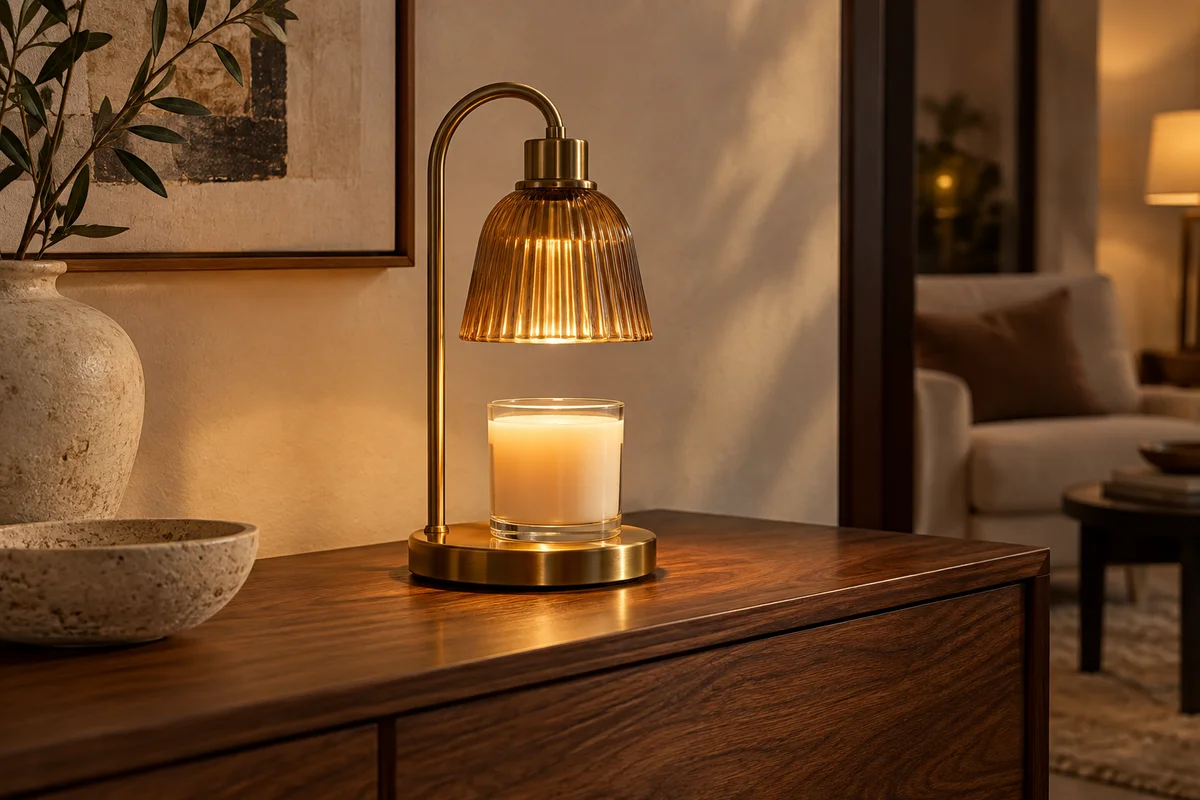 Editorial concept: an amber glass candle warmer above an unlit jar candle on a walnut console